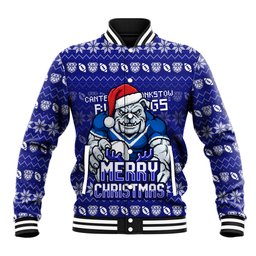 Personalized Canterbury Bulldogs Christmas Baseball Jacket Australian Rugby Fans - Pixelated Ugly Xmas Pattern Mascot Santa