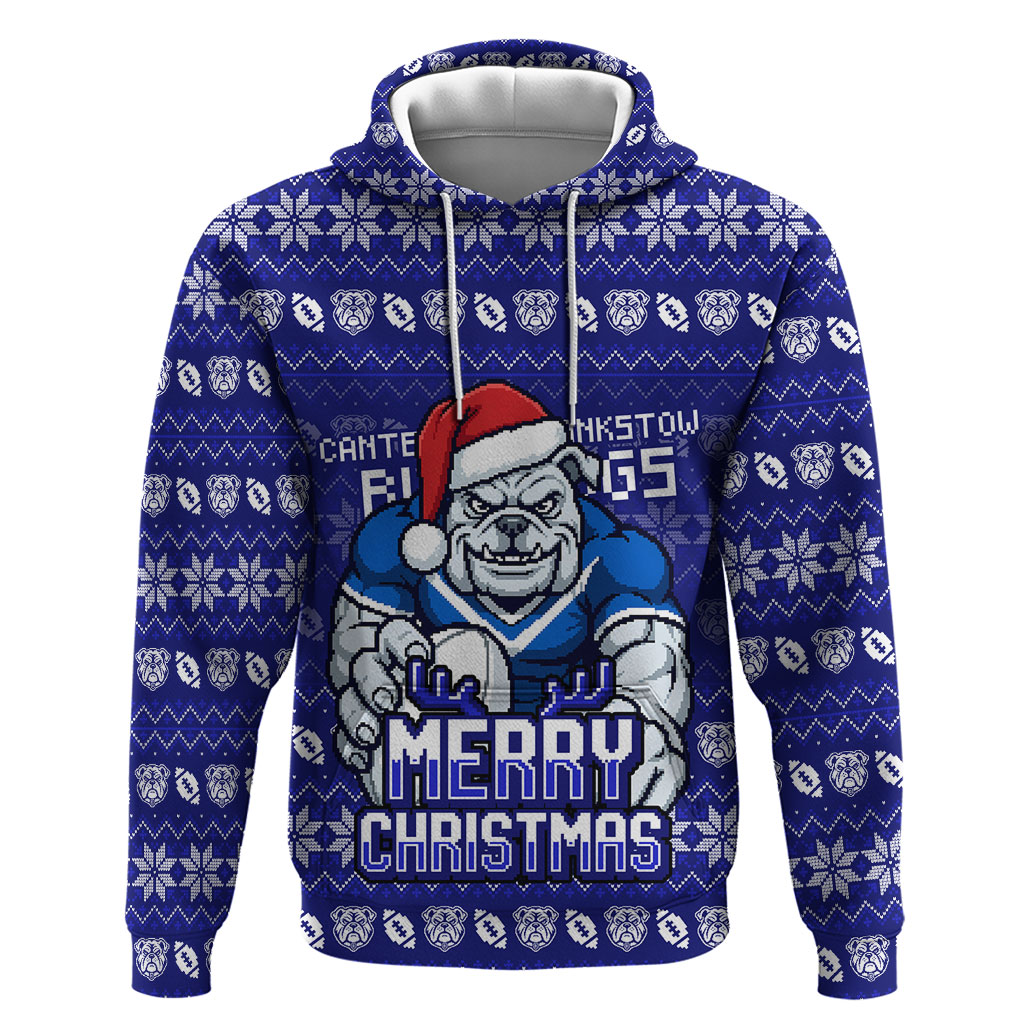 Personalized Canterbury Bulldogs Christmas Hoodie Australian Rugby Fans - Pixelated Ugly Xmas Pattern Mascot Santa