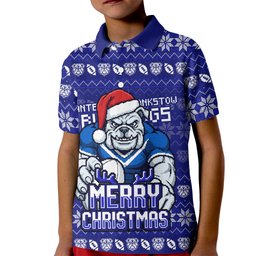 Personalized Canterbury Bulldogs Christmas Kid Polo Shirt Australian Rugby Fans - Pixelated Ugly Xmas Pattern Mascot Santa