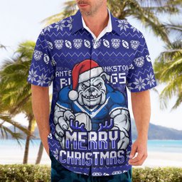 Personalized Canterbury Bulldogs Christmas Hawaiian Shirt Australian Rugby Fans - Pixelated Ugly Xmas Pattern Mascot Santa