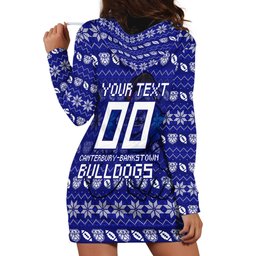 Personalized Canterbury Bulldogs Christmas Hoodie Dress Australian Rugby Fans - Pixelated Ugly Xmas Pattern Mascot Santa