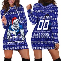 Personalized Canterbury Bulldogs Christmas Hoodie Dress Australian Rugby Fans - Pixelated Ugly Xmas Pattern Mascot Santa
