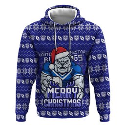 Personalized Canterbury Bulldogs Christmas Zip Hoodie Australian Rugby Fans - Pixelated Ugly Xmas Pattern Mascot Santa