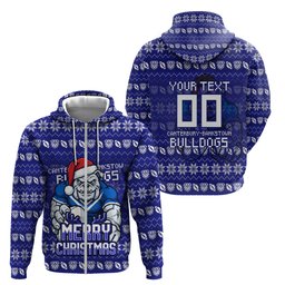 Personalized Canterbury Bulldogs Christmas Zip Hoodie Australian Rugby Fans - Pixelated Ugly Xmas Pattern Mascot Santa