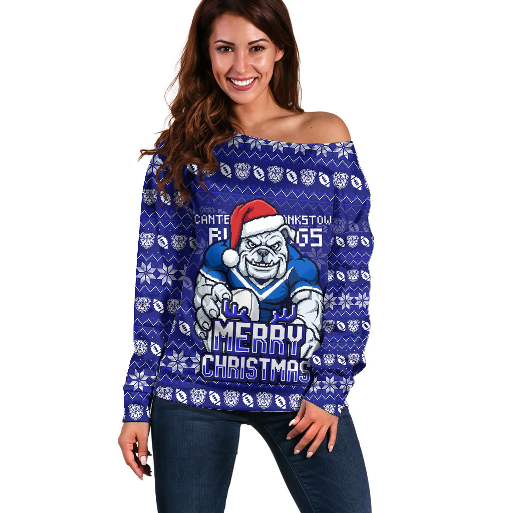 Personalized Canterbury Bulldogs Christmas Off Shoulder Sweater Australian Rugby Fans - Pixelated Ugly Xmas Pattern Mascot Santa