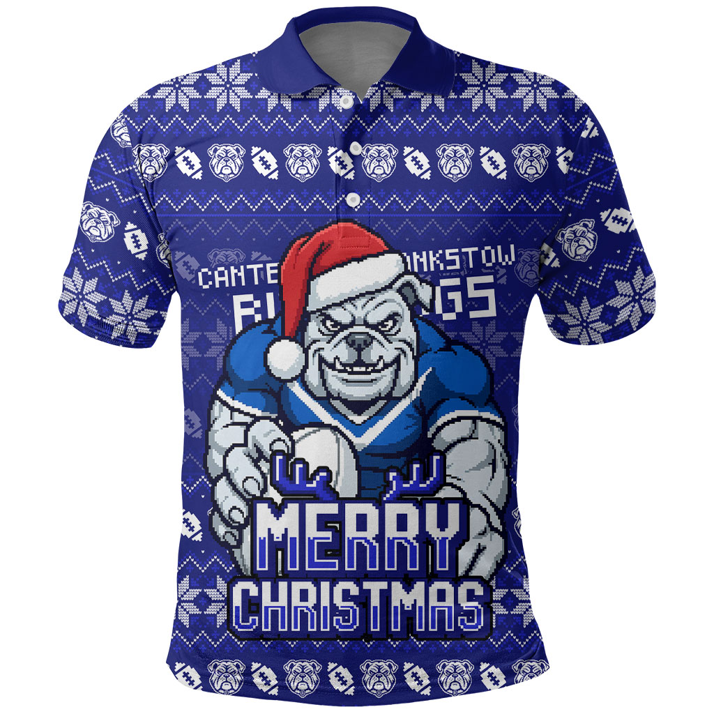 Personalized Canterbury Bulldogs Christmas Polo Shirt Australian Rugby Fans - Pixelated Ugly Xmas Pattern Mascot Santa