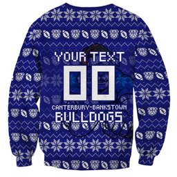 Personalized Canterbury Bulldogs Christmas Sweatshirt Australian Rugby Fans - Pixelated Ugly Xmas Pattern Mascot Santa