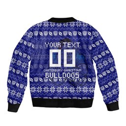 Personalized Canterbury Bulldogs Christmas Sleeve Zip Bomber Jacket Australian Rugby Fans - Pixelated Ugly Xmas Pattern Mascot Santa