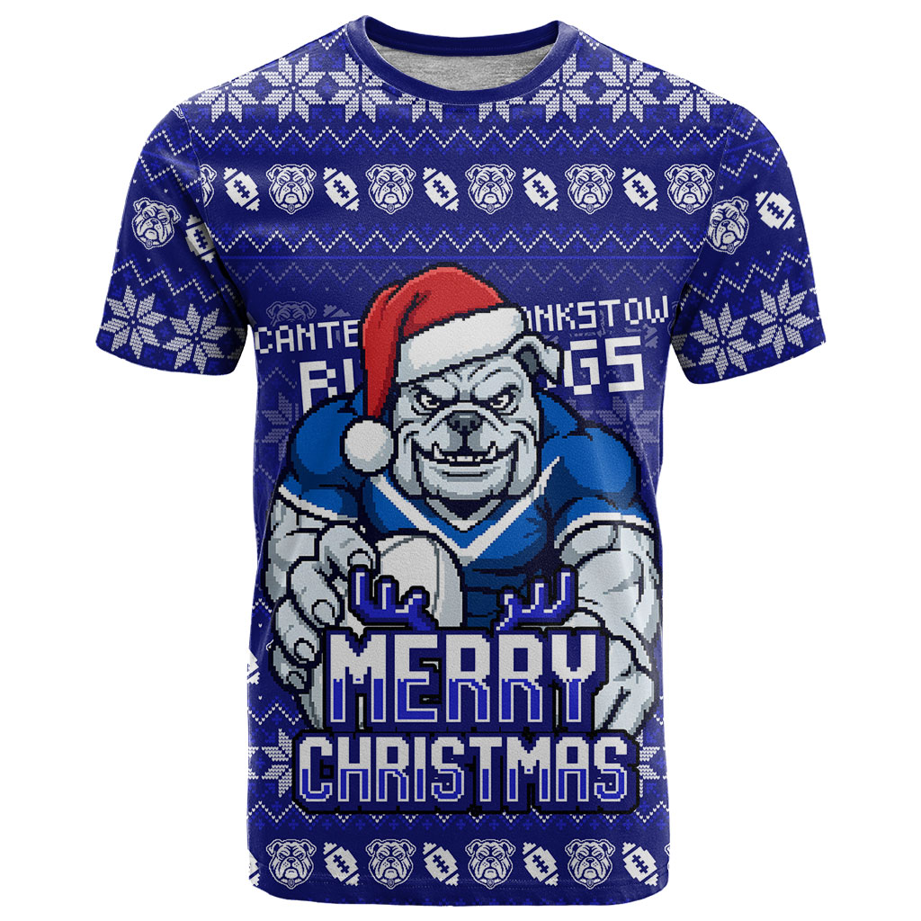 Personalized Canterbury Bulldogs Christmas T Shirt Australian Rugby Fans - Pixelated Ugly Xmas Pattern Mascot Santa