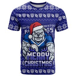 Personalized Canterbury Bulldogs Christmas T Shirt Australian Rugby Fans - Pixelated Ugly Xmas Pattern Mascot Santa