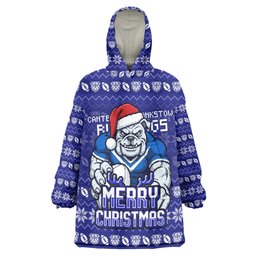 Personalized Canterbury Bulldogs Christmas Wearable Blanket Hoodie Australian Rugby Fans - Pixelated Ugly Xmas Pattern Mascot Santa