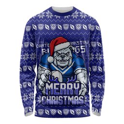 Personalized Canterbury Bulldogs Christmas Long Sleeve Shirt Australian Rugby Fans - Pixelated Ugly Xmas Pattern Mascot Santa