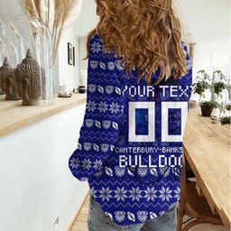 Personalized Canterbury Bulldogs Christmas Women Casual Shirt Australian Rugby Fans - Pixelated Ugly Xmas Pattern Mascot Santa