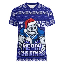 Personalized Canterbury Bulldogs Christmas Women V-Neck T-Shirt Australian Rugby Fans - Pixelated Ugly Xmas Pattern Mascot Santa