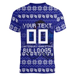 Personalized Canterbury Bulldogs Christmas Women V-Neck T-Shirt Australian Rugby Fans - Pixelated Ugly Xmas Pattern Mascot Santa