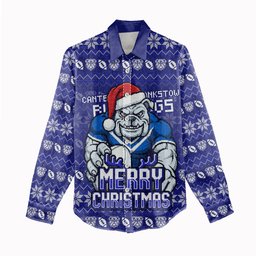 Personalized Canterbury Bulldogs Christmas Women Casual Shirt Australian Rugby Fans - Pixelated Ugly Xmas Pattern Mascot Santa
