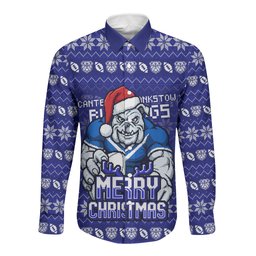 Personalized Canterbury Bulldogs Christmas Long Sleeve Button Shirt Australian Rugby Fans - Pixelated Ugly Xmas Pattern Mascot Santa
