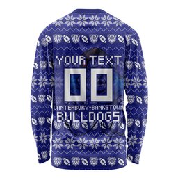 Personalized Canterbury Bulldogs Christmas Long Sleeve Shirt Australian Rugby Fans - Pixelated Ugly Xmas Pattern Mascot Santa