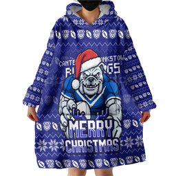 Personalized Canterbury Bulldogs Christmas Wearable Blanket Hoodie Australian Rugby Fans - Pixelated Ugly Xmas Pattern Mascot Santa