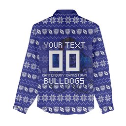 Personalized Canterbury Bulldogs Christmas Women Casual Shirt Australian Rugby Fans - Pixelated Ugly Xmas Pattern Mascot Santa
