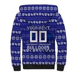 Personalized Canterbury Bulldogs Christmas Sherpa Hoodie Australian Rugby Fans - Pixelated Ugly Xmas Pattern Mascot Santa
