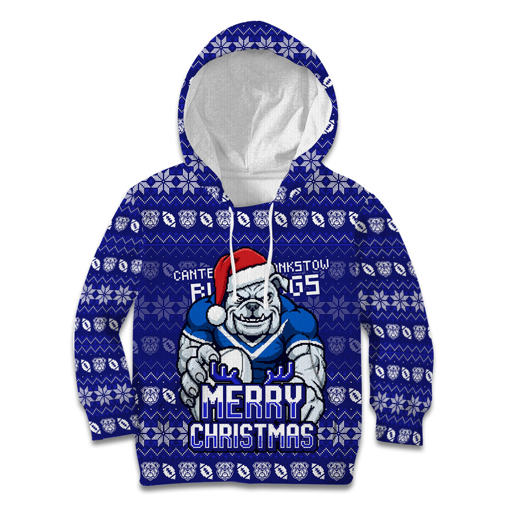 Personalized Canterbury Bulldogs Christmas Kid Hoodie Australian Rugby Fans - Pixelated Ugly Xmas Pattern Mascot Santa
