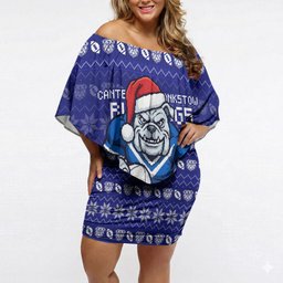 Personalized Canterbury Bulldogs Christmas Off Shoulder Short Dress Australian Rugby Fans - Pixelated Ugly Xmas Pattern Mascot Santa
