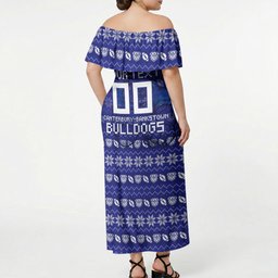 Personalized Canterbury Bulldogs Christmas Off Shoulder Maxi Dress Australian Rugby Fans - Pixelated Ugly Xmas Pattern Mascot Santa