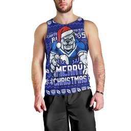 Personalized Canterbury Bulldogs Christmas Men Tank Top Australian Rugby Fans - Pixelated Ugly Xmas Pattern Mascot Santa