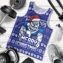 Personalized Canterbury Bulldogs Christmas Men Tank Top Australian Rugby Fans - Pixelated Ugly Xmas Pattern Mascot Santa