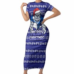 Personalized Canterbury Bulldogs Christmas Short Sleeve Bodycon Dress Australian Rugby Fans - Pixelated Ugly Xmas Pattern Mascot Santa