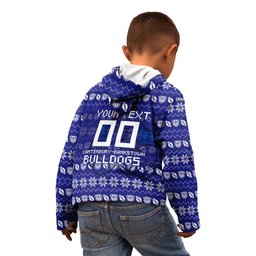 Personalized Canterbury Bulldogs Christmas Kid Hoodie Australian Rugby Fans - Pixelated Ugly Xmas Pattern Mascot Santa