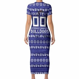 Personalized Canterbury Bulldogs Christmas Short Sleeve Bodycon Dress Australian Rugby Fans - Pixelated Ugly Xmas Pattern Mascot Santa