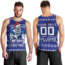 Personalized Canterbury Bulldogs Christmas Men Tank Top Australian Rugby Fans - Pixelated Ugly Xmas Pattern Mascot Santa