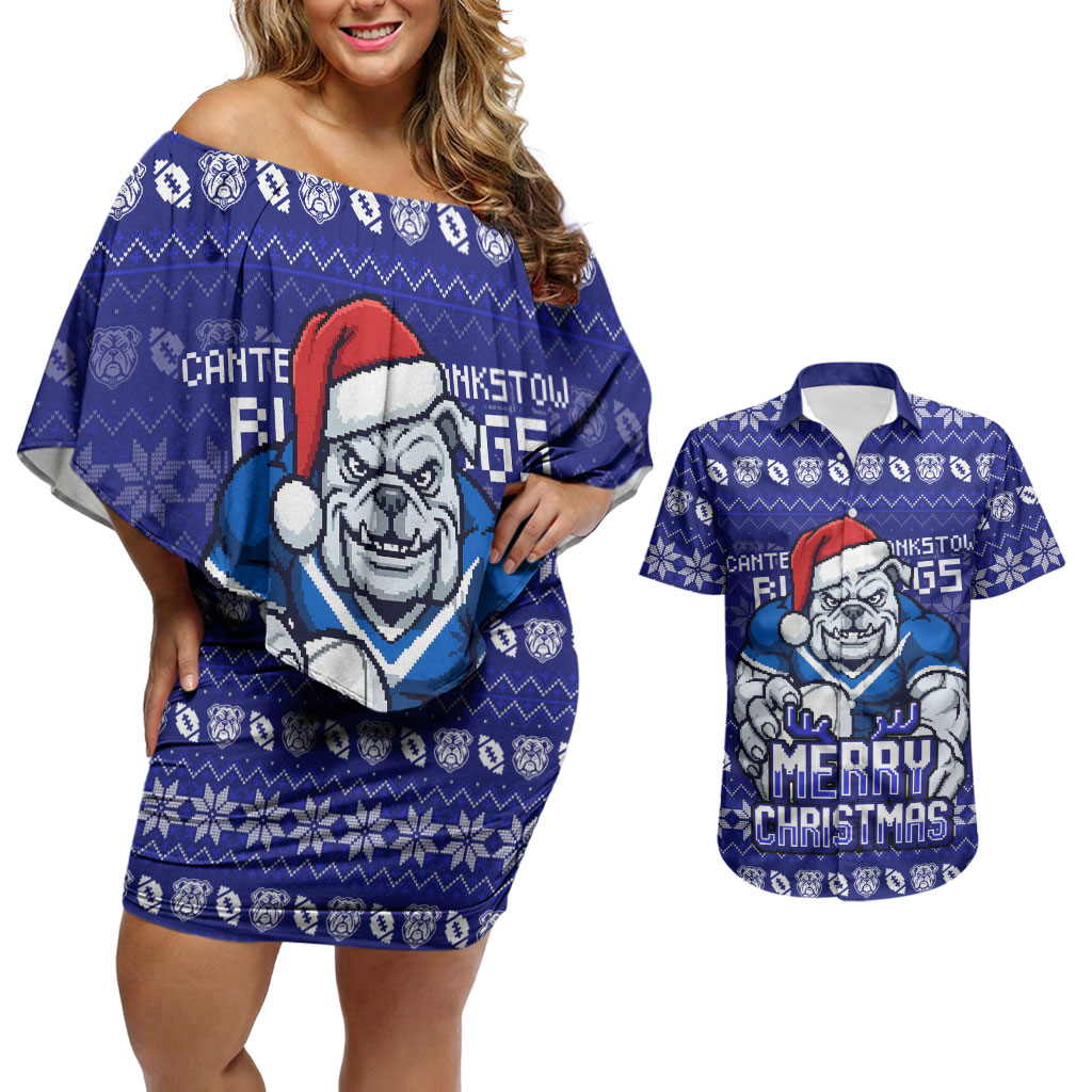 Personalized Canterbury Bulldogs Christmas Couples Matching Off Shoulder Short Dress and Hawaiian Shirt Australian Rugby Fans - Pixelated Ugly Xmas Pattern Mascot Santa