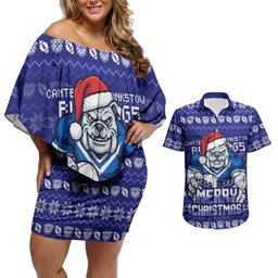 Personalized Canterbury Bulldogs Christmas Couples Matching Off Shoulder Short Dress and Hawaiian Shirt Australian Rugby Fans - Pixelated Ugly Xmas Pattern Mascot Santa