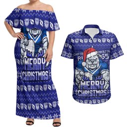Personalized Canterbury Bulldogs Christmas Couples Matching Off Shoulder Maxi Dress and Hawaiian Shirt Australian Rugby Fans - Pixelated Ugly Xmas Pattern Mascot Santa