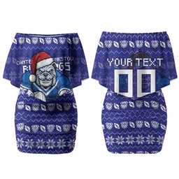 Personalized Canterbury Bulldogs Christmas Couples Matching Off Shoulder Short Dress and Hawaiian Shirt Australian Rugby Fans - Pixelated Ugly Xmas Pattern Mascot Santa