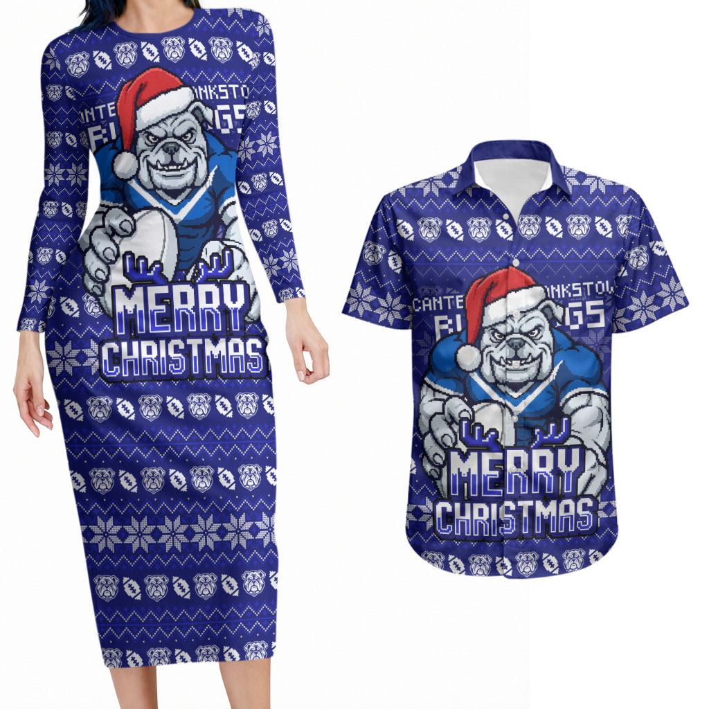 Personalized Canterbury Bulldogs Christmas Couples Matching Long Sleeve Bodycon Dress and Hawaiian Shirt Australian Rugby Fans - Pixelated Ugly Xmas Pattern Mascot Santa