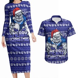 Personalized Canterbury Bulldogs Christmas Couples Matching Long Sleeve Bodycon Dress and Hawaiian Shirt Australian Rugby Fans - Pixelated Ugly Xmas Pattern Mascot Santa