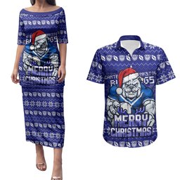 Personalized Canterbury Bulldogs Christmas Couples Matching Puletasi and Hawaiian Shirt Australian Rugby Fans - Pixelated Ugly Xmas Pattern Mascot Santa