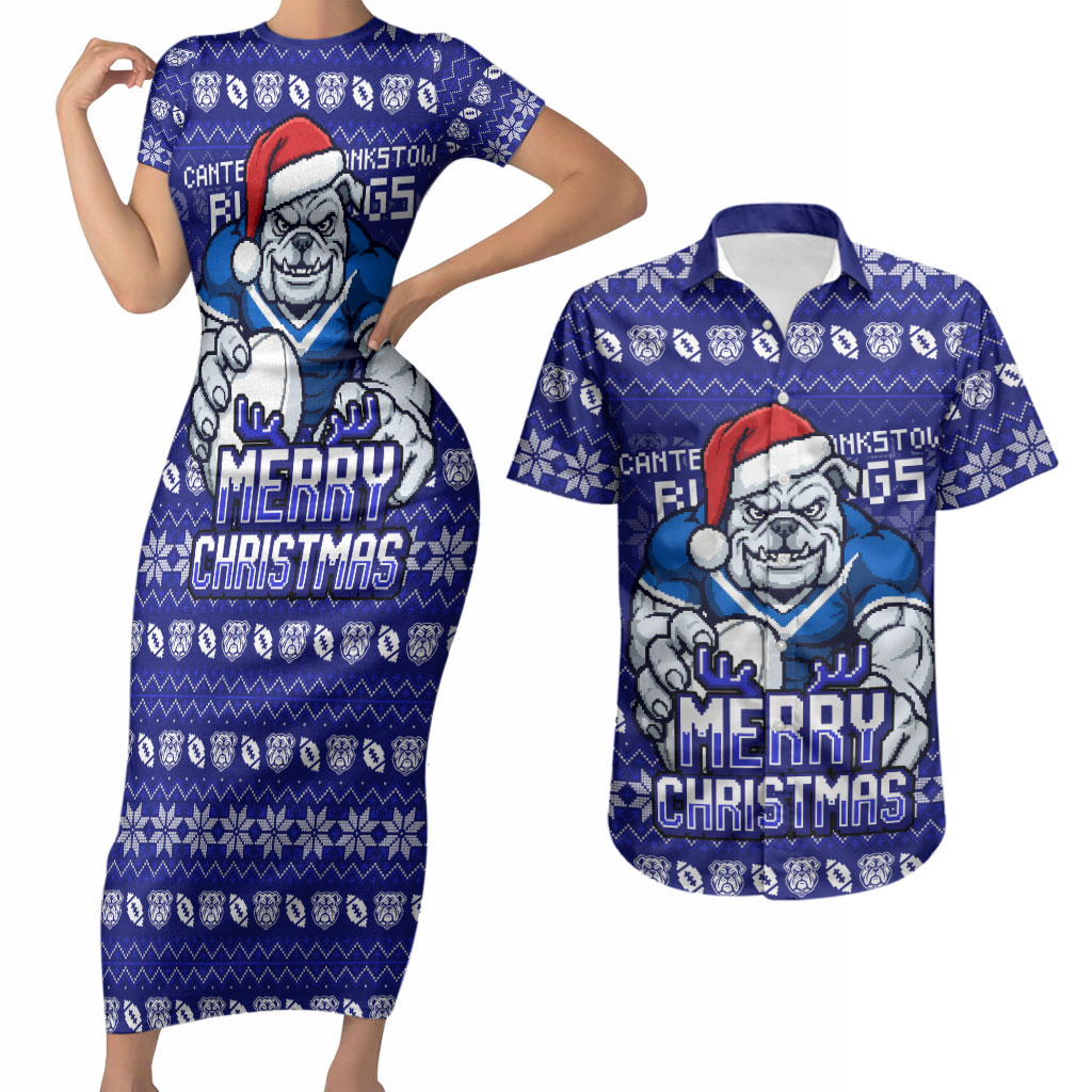 Personalized Canterbury Bulldogs Christmas Couples Matching Short Sleeve Bodycon Dress and Hawaiian Shirt Australian Rugby Fans - Pixelated Ugly Xmas Pattern Mascot Santa