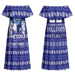 Personalized Canterbury Bulldogs Christmas Couples Matching Off Shoulder Maxi Dress and Hawaiian Shirt Australian Rugby Fans - Pixelated Ugly Xmas Pattern Mascot Santa