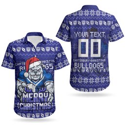 Personalized Canterbury Bulldogs Christmas Couples Matching Puletasi and Hawaiian Shirt Australian Rugby Fans - Pixelated Ugly Xmas Pattern Mascot Santa