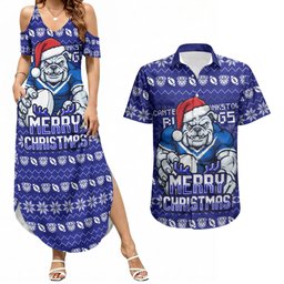 Personalized Canterbury Bulldogs Christmas Couples Matching Summer Maxi Dress and Hawaiian Shirt Australian Rugby Fans - Pixelated Ugly Xmas Pattern Mascot Santa
