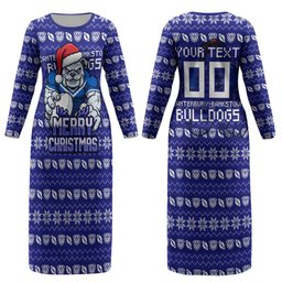 Personalized Canterbury Bulldogs Christmas Couples Matching Long Sleeve Bodycon Dress and Hawaiian Shirt Australian Rugby Fans - Pixelated Ugly Xmas Pattern Mascot Santa