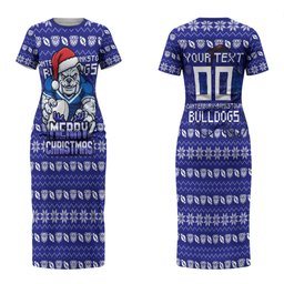 Personalized Canterbury Bulldogs Christmas Couples Matching Short Sleeve Bodycon Dress and Hawaiian Shirt Australian Rugby Fans - Pixelated Ugly Xmas Pattern Mascot Santa