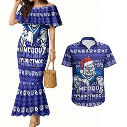 Personalized Canterbury Bulldogs Christmas Couples Matching Mermaid Dress and Hawaiian Shirt Australian Rugby Fans - Pixelated Ugly Xmas Pattern Mascot Santa