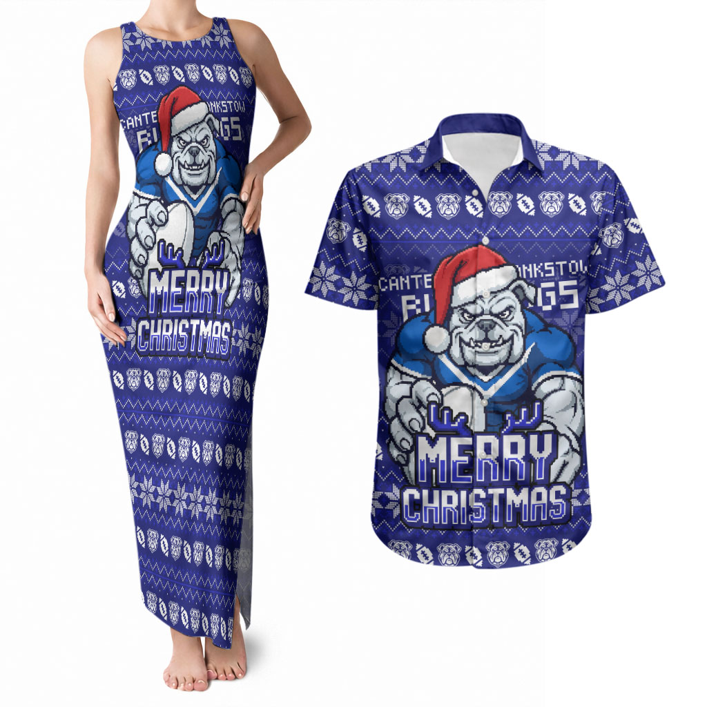 Personalized Canterbury Bulldogs Christmas Couples Matching Tank Maxi Dress and Hawaiian Shirt Australian Rugby Fans - Pixelated Ugly Xmas Pattern Mascot Santa