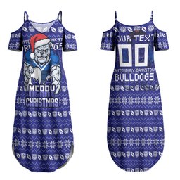 Personalized Canterbury Bulldogs Christmas Couples Matching Summer Maxi Dress and Hawaiian Shirt Australian Rugby Fans - Pixelated Ugly Xmas Pattern Mascot Santa